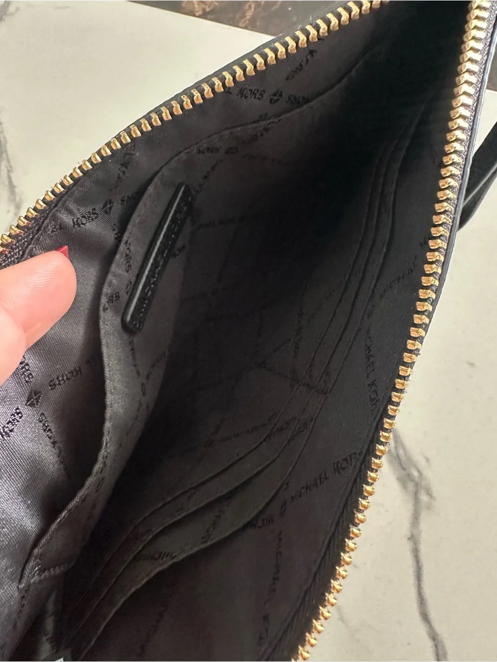 Michael Kors Black Pebbled Leather Wristlet with Gold Logo